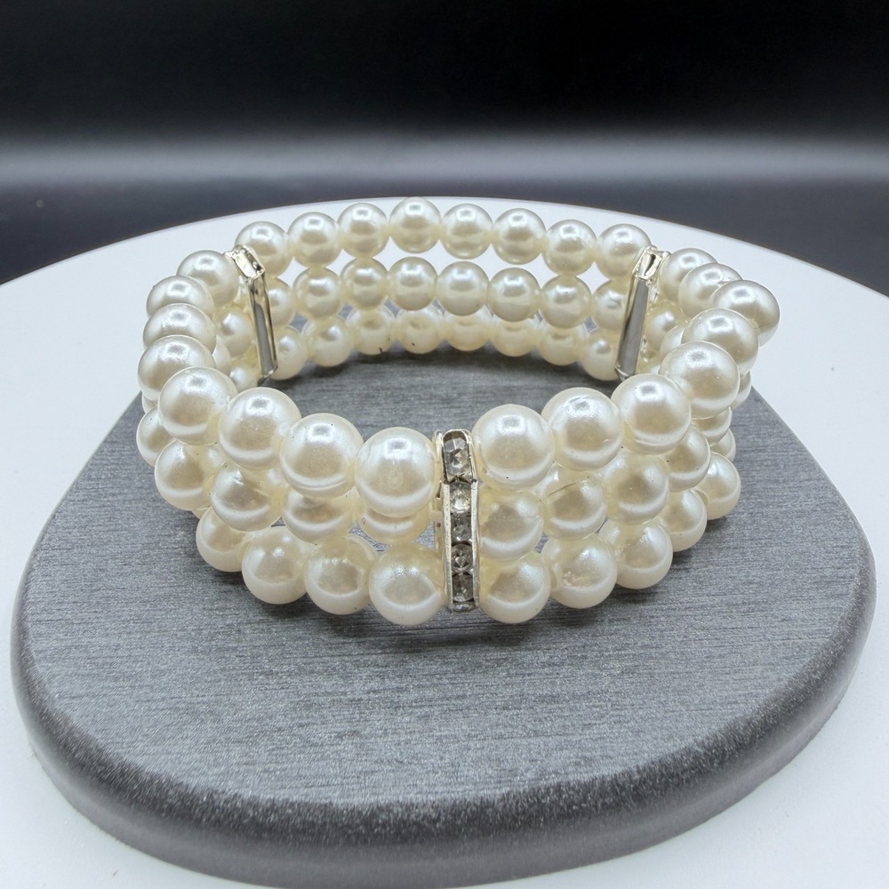 Three Strand Faux Pearl Rhinestone Stretch Bracelet Cuff Cream Statement Jewelry
